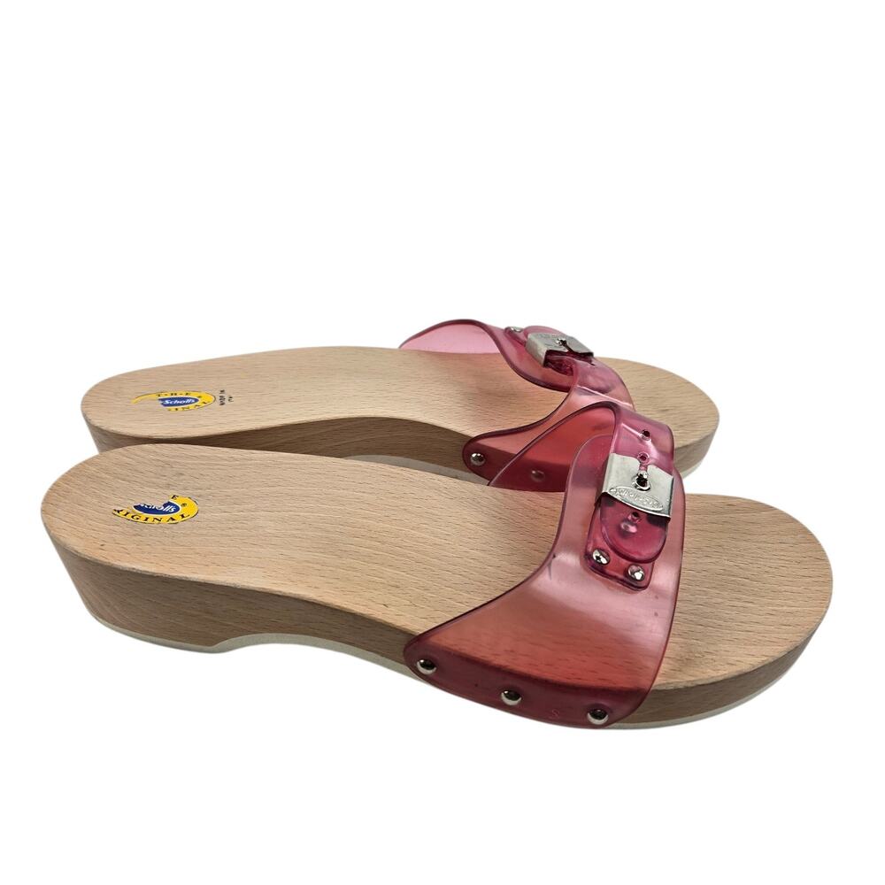 Vintage Dr Scholl's Sandals Womens 9 Pink Jelly Wood‎ Y2K Adjustable Slip On